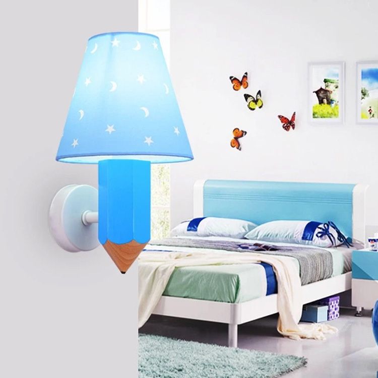 Geométrique Shade 1-Light Murce Sconce Kids Style Fabric Mur Moup Lightture en bleu