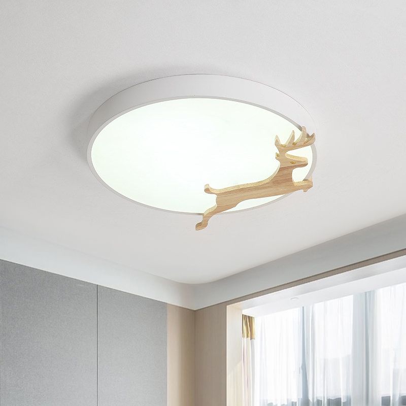 Running Deer Pattern Round Flush Light Nordic Acrylic Grey/White/Green and Wood LED Ceiling Mounted Lamp