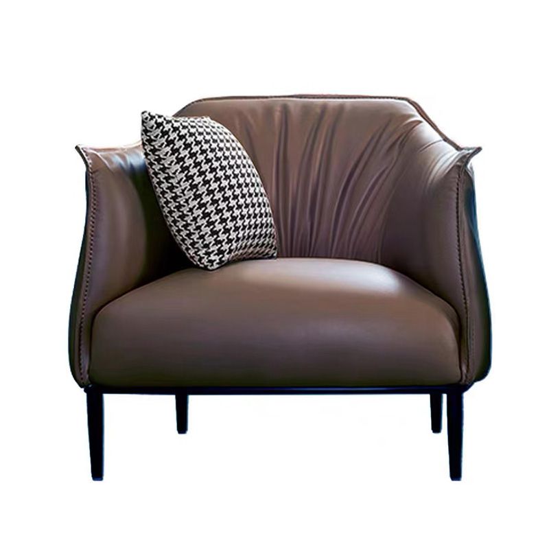 Solid Color Genuine Leather Arms Included with Black Legs Round Arms Barrel Chair