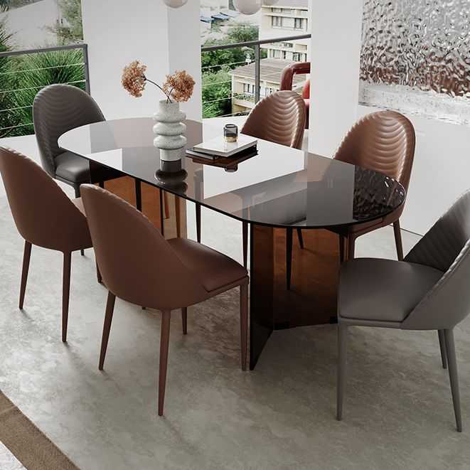 Clear Glass Contemporary Oval Table Glass Top Table with Double Pedestal
