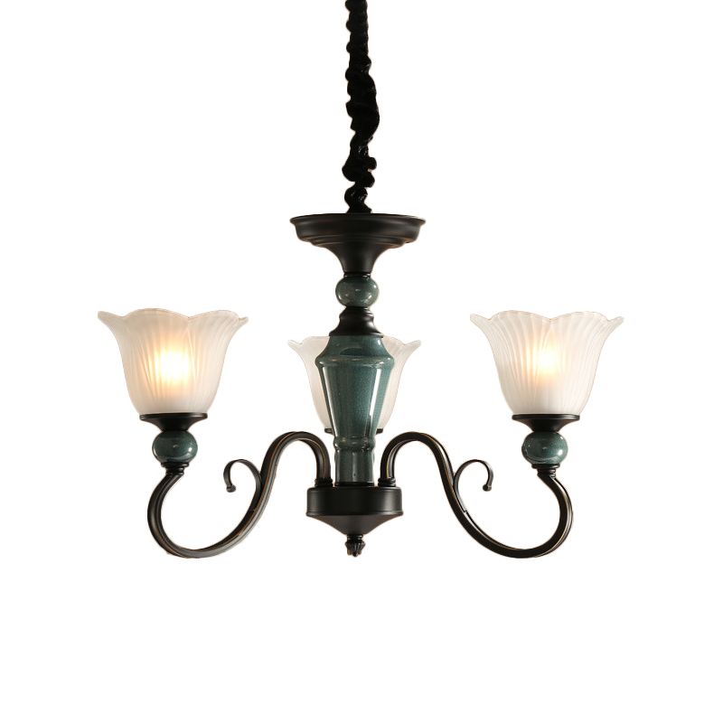 Farmhouse Blossom Up Chandelier 3/8/12 Heads Frosted Ribbed Glass Ceiling Hang Light in Blackish Green
