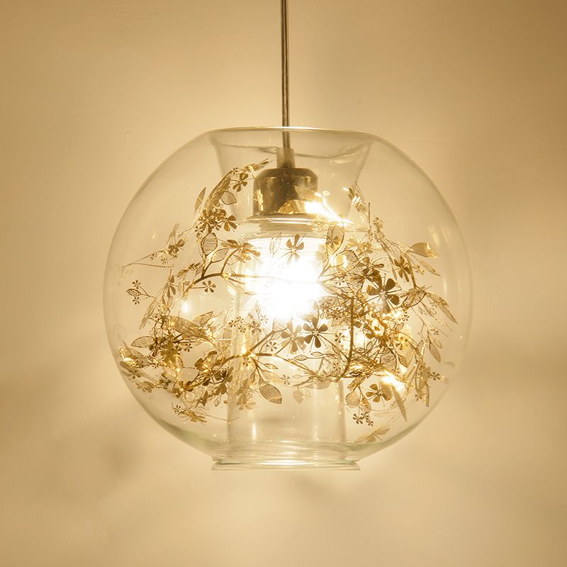 Global Transparent Glass Suspension Light Minimalist 1 Bulb Ceiling Pendant with Scattered Flower Deco