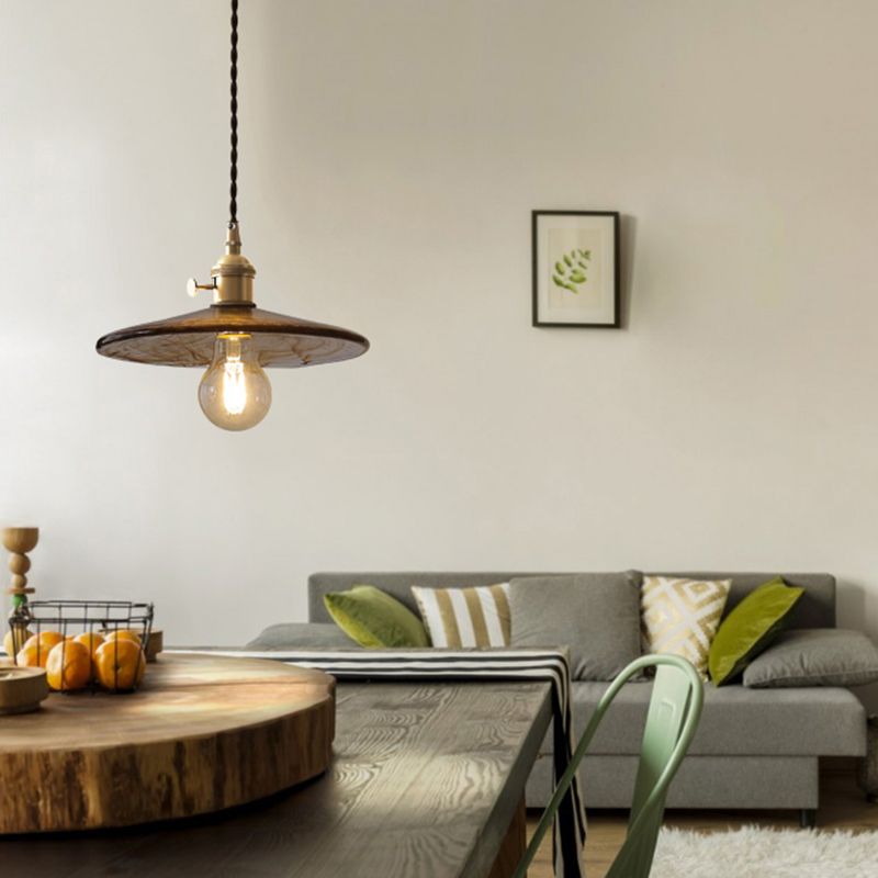 Amber Glass Flared Suspension Lighting Retro Style 1 Head Restaurant Pendant Ceiling Light