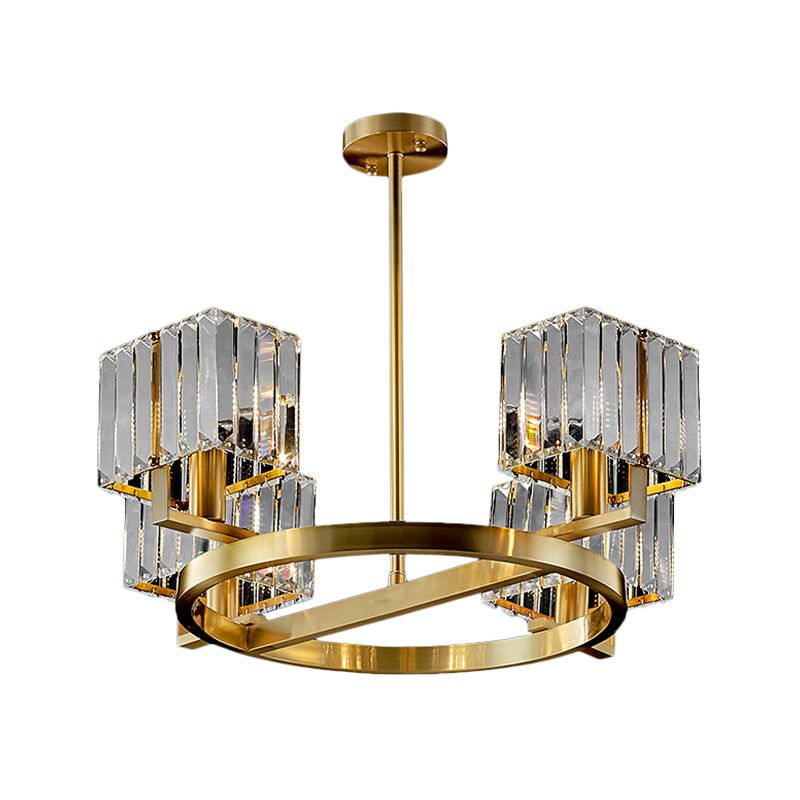 4/8/10-Bulb Crystal Rectangle Pendant Lamp Postmodern Gold Circular Dining Room Chandelier