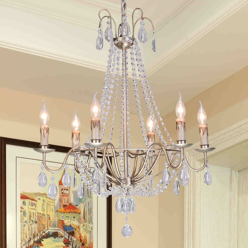 6 Lights Crystal Chandelier Light Fixture Simple Silver Candelabra Living Room Ceiling Suspension Lamp