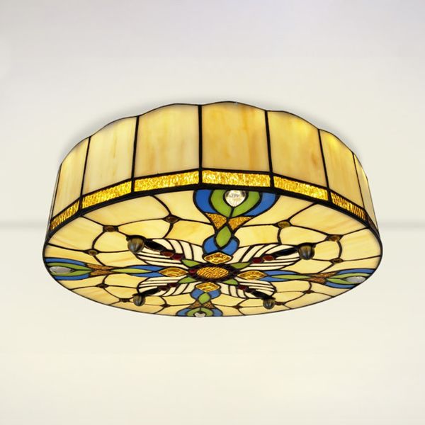 16"/19.5" Wide Drum Flush Ceiling Light Tiffany Lodge Stained Glass Shade Flush Mount Light in Beige for Dining Room