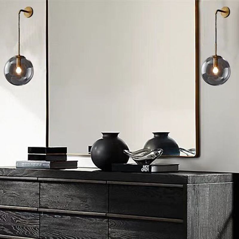 1 Light Bedside Wall Mount Lamp Simple Gold Wall Lighting Ideas with Global Glass Shade