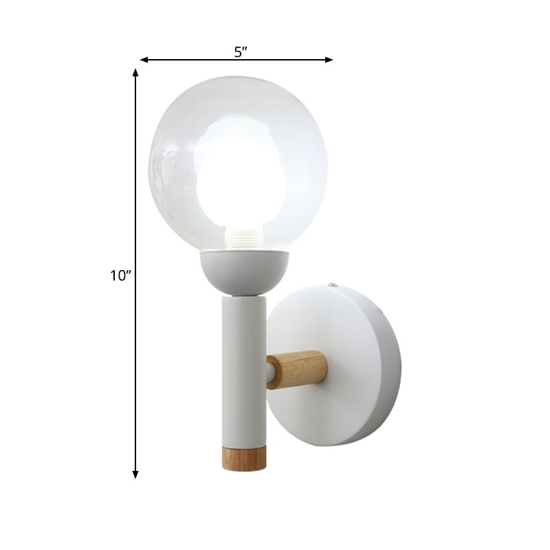 Armed Wall Lamp Modernism Metal 1 Bulb Sconce Light Fixture in White with Orb Clear Glass Shade