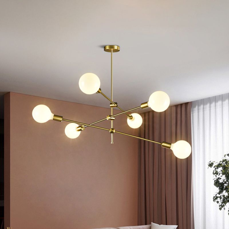 Rotatable 3-Arm Chandelier Minimalism White Ball Glass 6 Bulbs Gold Suspension Pendant Light