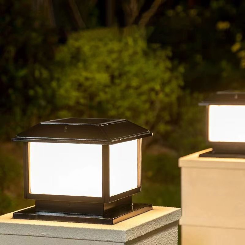 Rectangle Shape Metal Solar Pillar Lamp Modern Style 1 Light Waterproof Outdoor Light