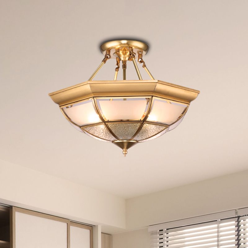 Brass 4 Lights Semi-Flush Ceiling Light Colonialism Curved Frosted Glass Dome Ceiling Mount Chandelier for Living Room, 14"/16" W