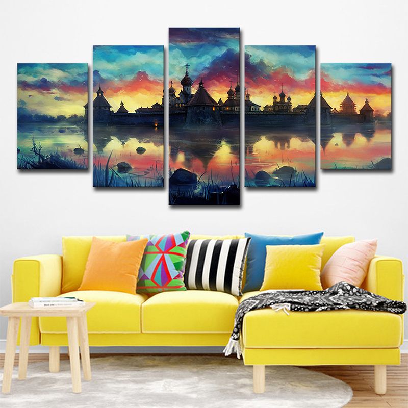 Lakeside Castle Scenery Wall Art Kids Dreamy Evening Glow Canvas Print in Yellow