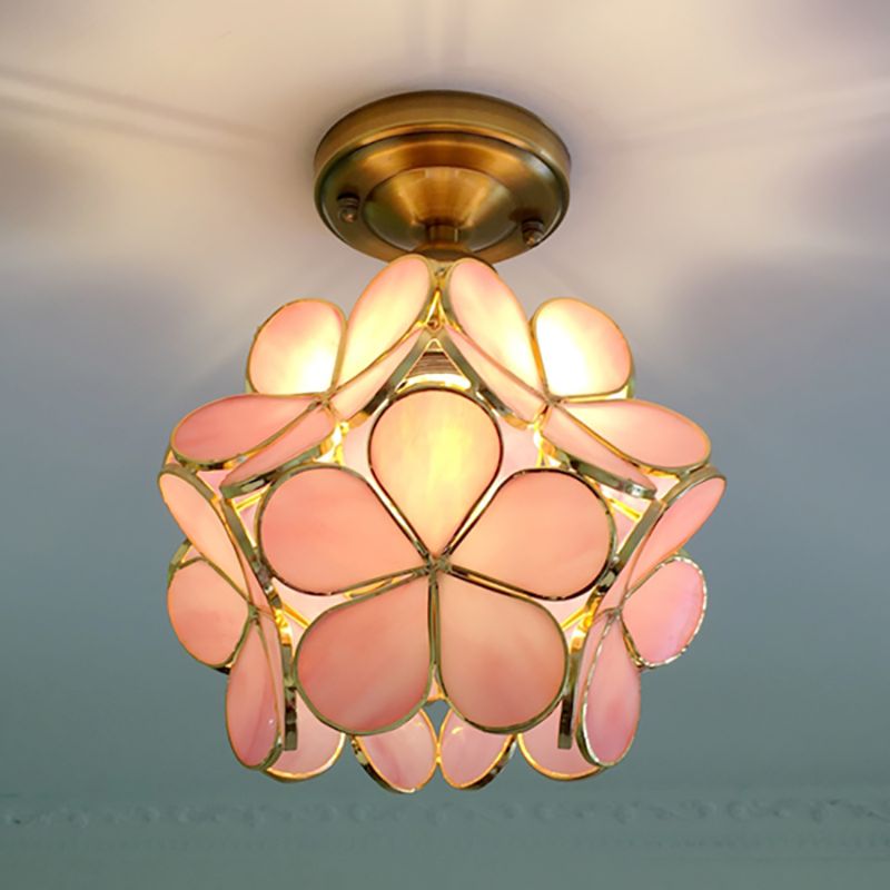 1 Light Pink/Blue/Green/Clear Floral Ceiling Light Fixture Retro Style Stained Glass Flushmount Light for Hallway