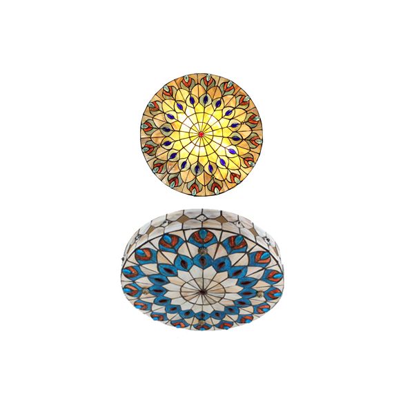 Bedroom Ceiling Lights Tiffany, 4 Lights Drum Flushmount Lighting with Peacock Pattern and Art Glass Shade