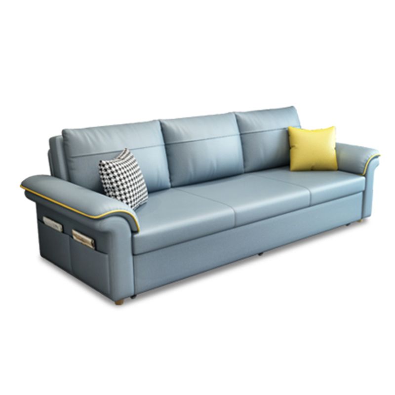 Blue Faux Leather Sleeper Sofa with Storage Scandinavian Sofa Bed