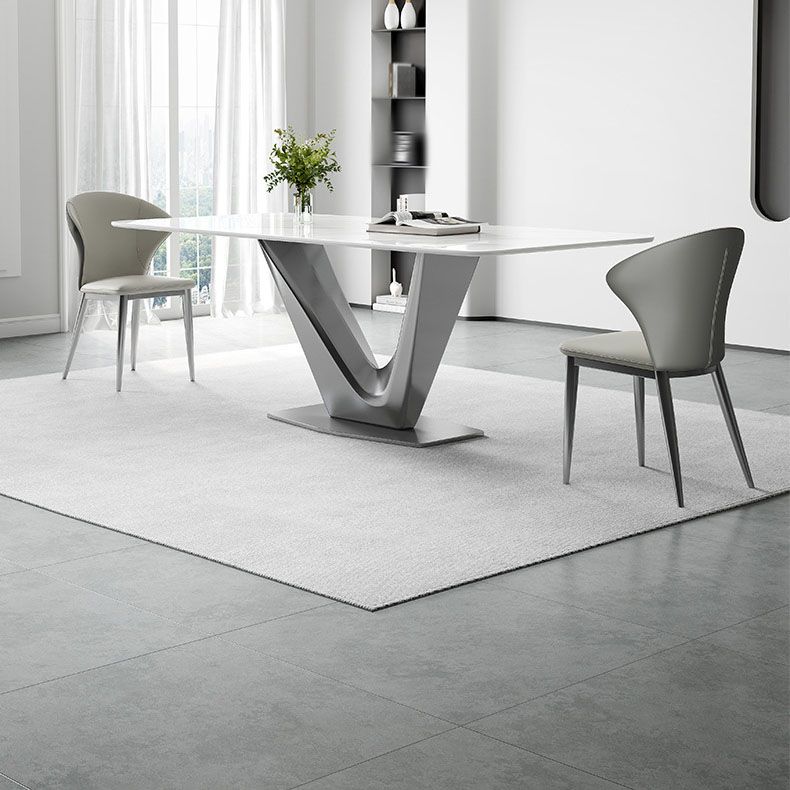 Grey Metal Pedestal Base Table Rectangle Sintered Stone Top Dining Table