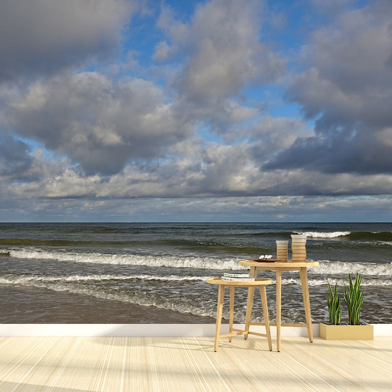 Blue Beach View Mural Wallpaper for Sitting Room, Custom Size Available