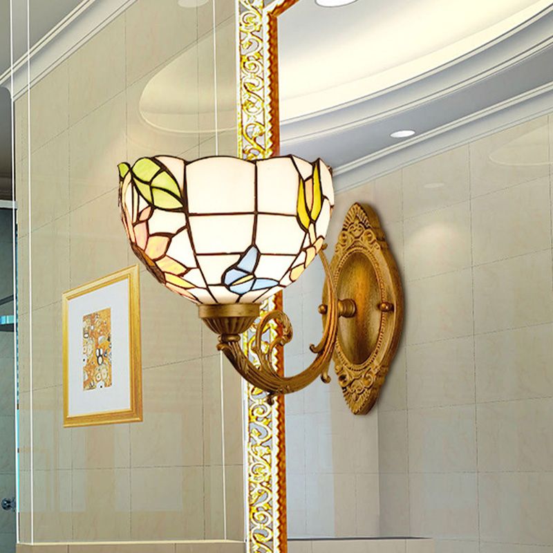 Grape/Blossom Vanity Lighting Fixture 1 Light Stained Art Glass Victorian Sconce Light in Brass for Bathroom