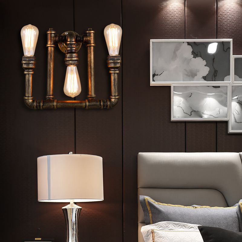 Industrial Exposed Sconce Light with Pipe Design 3 Heads Wrought Iron Wall Lamp in Aged Brass for Hallway