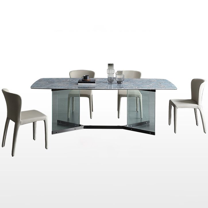 Rectangular Blue Stone Dining Table Modern Tempered Glass Furniture with Trestle Table