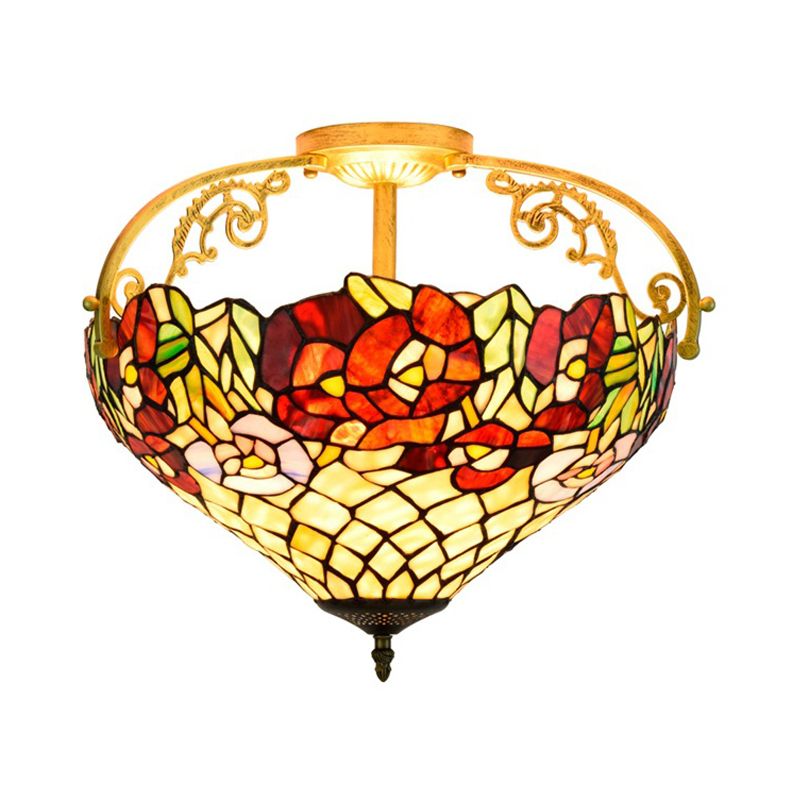 Blossom Stained Glass Semi Flush Light Fixture Tiffany 3 Lights Yellow Ceiling Lighting