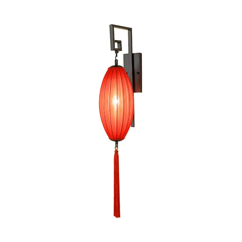 Metal Red Wall Lighting Fixture Oval 1 Light Classic Style Sconce for Tea House with Fabric Shade