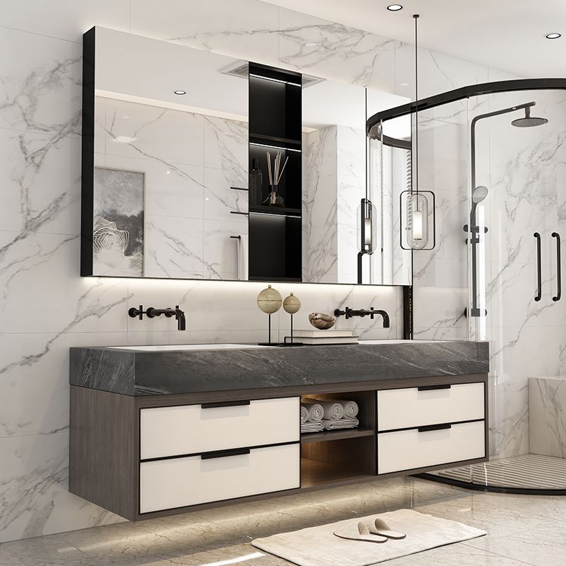 Modern Bathroom Sink Vanity Limestone Faucet and Mirror Open Console with Sink Set