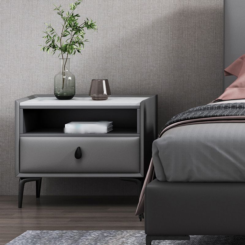 1-Drawer Storage 20'' Tall Nightstand Open Storage Stone Top Solid Wood Night Table