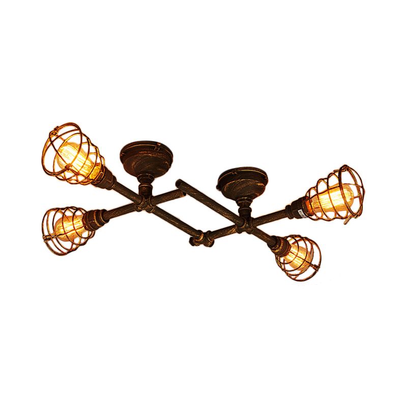 Industrial Intersecting Piping Ceiling Light 4/5/8 Heads Iron Semi Flush Mounted Light with Cage Guard in Brass