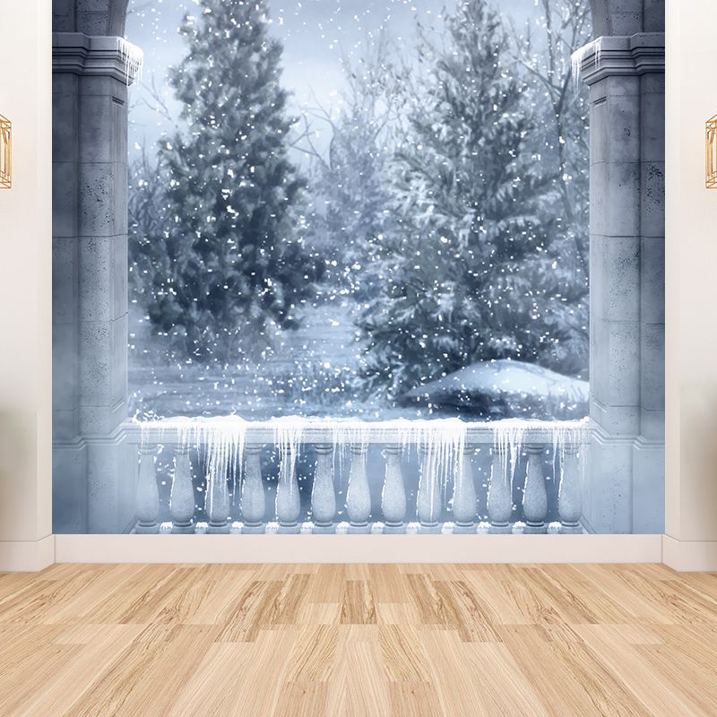 Gray Winter Pine Trees Mural Wallpaper Forest Modern Washable Wall Covering for Playroom