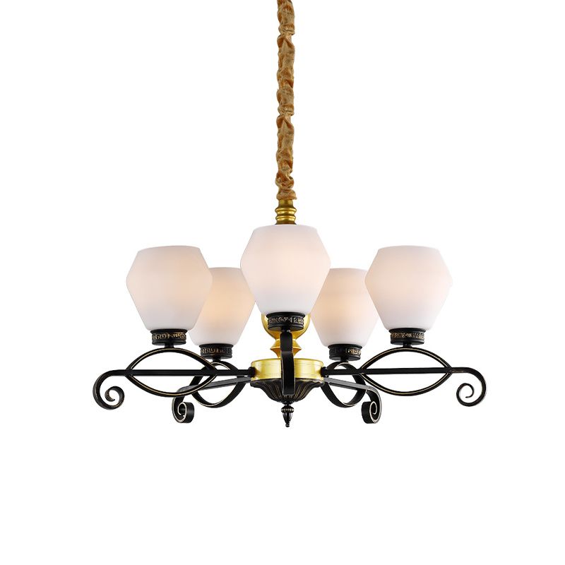Lampone di vetro opale di 5 teste Light Antique Black Exagon soggiorno lampada sospesa