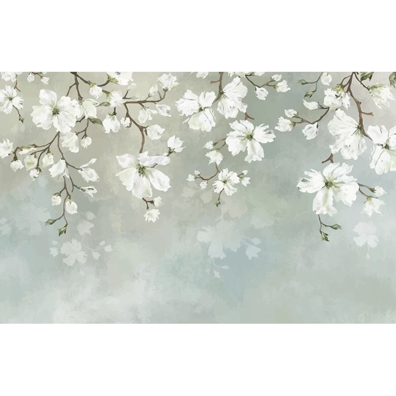 White Blossoming Flower Wallpaper Mural Moisture Resistant Wall Art on Blue for Home