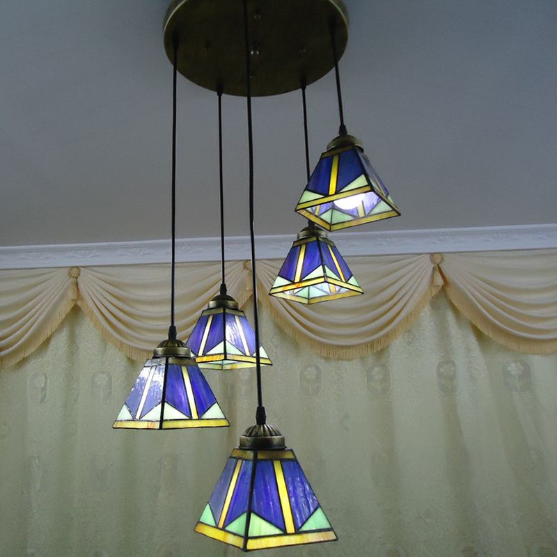 Trapezoid Hanging Pendant Light Stained Art Glass Mission Style Down Lighting in Blue