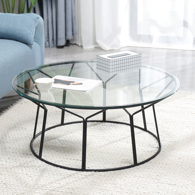 Contemporary Coffee Table with Round Glass Top and Iron Base