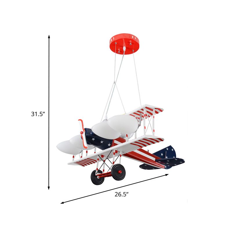 Red Striped Plane Pendant Chandelier Kids 5 Bulbs Metal Hanging Lamp Kit with Oval Opal Matte Glass Shade
