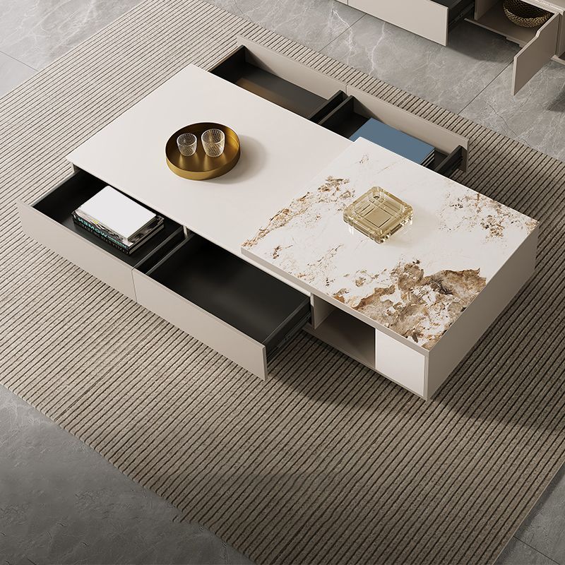 Rectangle Single Coffee Table Stone Cocktail Table with Storage Drawers
