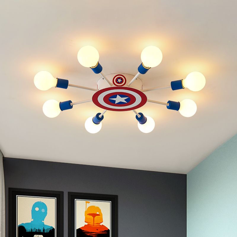 Kinderspoetnik semi-inbouw licht metaal 8-hoofds slaapkamer plafondinbouw in rood en blauw