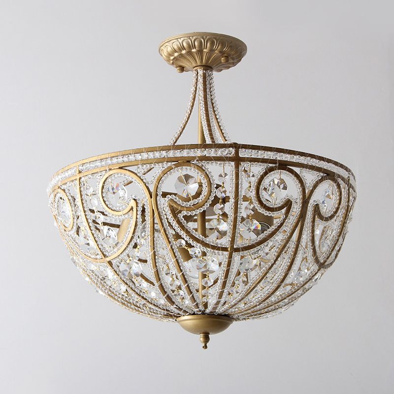 Dome Crystal Bead Semi Flush Vintage 5 Bulbs Living Room Flush Ceiling Light Fixture in Gold