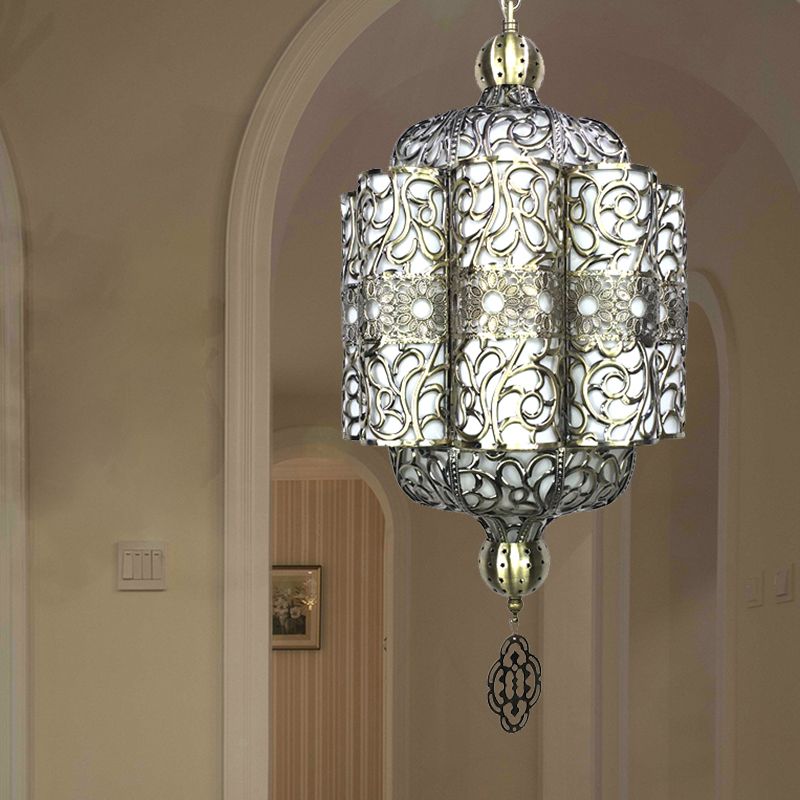 Antiqued Lantern Hanging Light Kit 4 Heads Metal Chandelier Lamp in Black with White Acrylic Shade