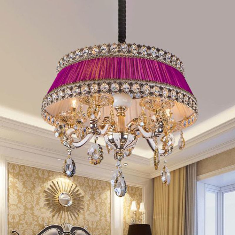 Lampe de plafond de gré de style en cristal contemporain 5 têtes de salon éclairage de lustre en bleu / violet avec de l'ombre en tissu