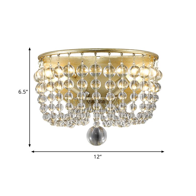 2-Bulb Wall Mounted Lamp Countryside Beaded Crystal Ball Wall Sconce Lighting in Gold for Living Room