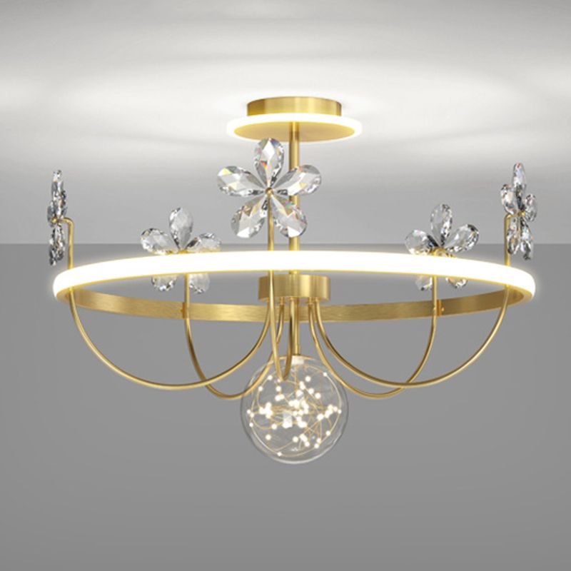 Simplicity Style Gold Circles LED Ceiling Light Crystal Petals Decorative LED Light Strings Clear Glass Globe Lighting Fixture for Bedroom