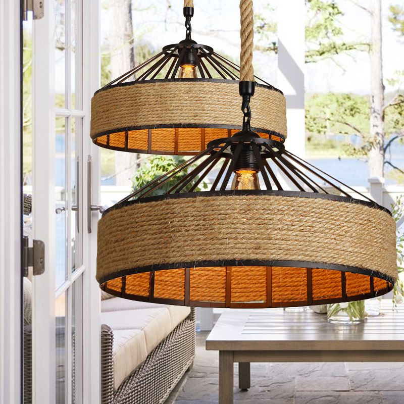Drum Shade Rope Pendant Ceiling Light Vintage Style 1 Bulb Coffee Shop Hanging Light in Black