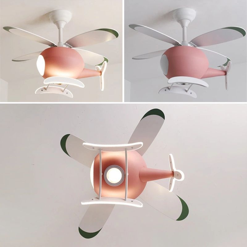 Wooden LED Fan Pendant in Kids Creative Style Iron Airplane Hanging Lamp with Acrylic Shade