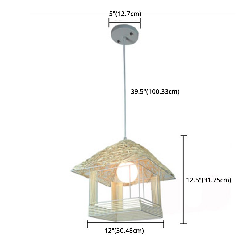 Rattan Weaving House Shaped Pendant Light Single Light Asian Style Bedroom Decorative Hanging Light with 39" Adjustable Cord
