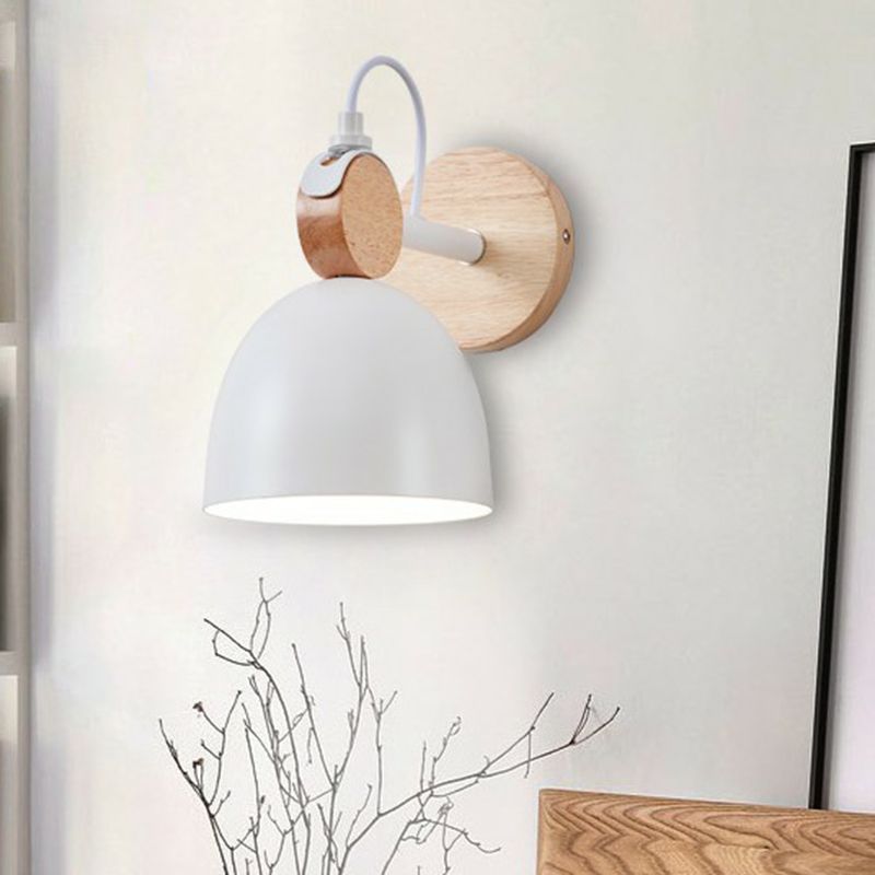 Simplicity Bell Wall Light Fixture Metallic Single-Bulb Bedroom Wall Mounted Lamp with Circle Wooden Backplate