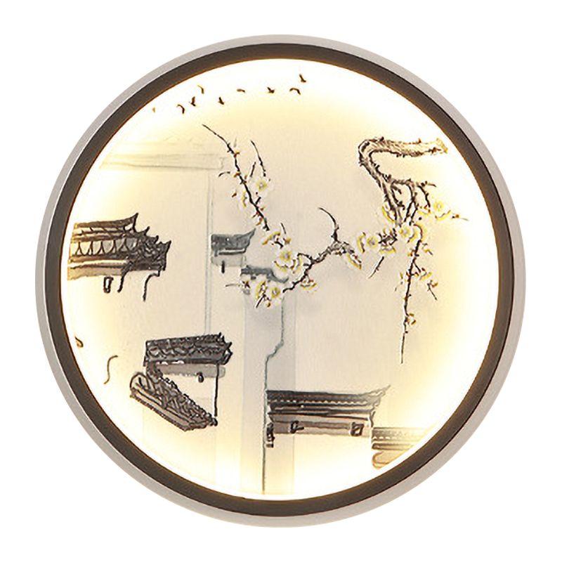 Chinese Ancient Town Metal Mural Light LED Flush Mount Wall Sconce in Black for Living Room
