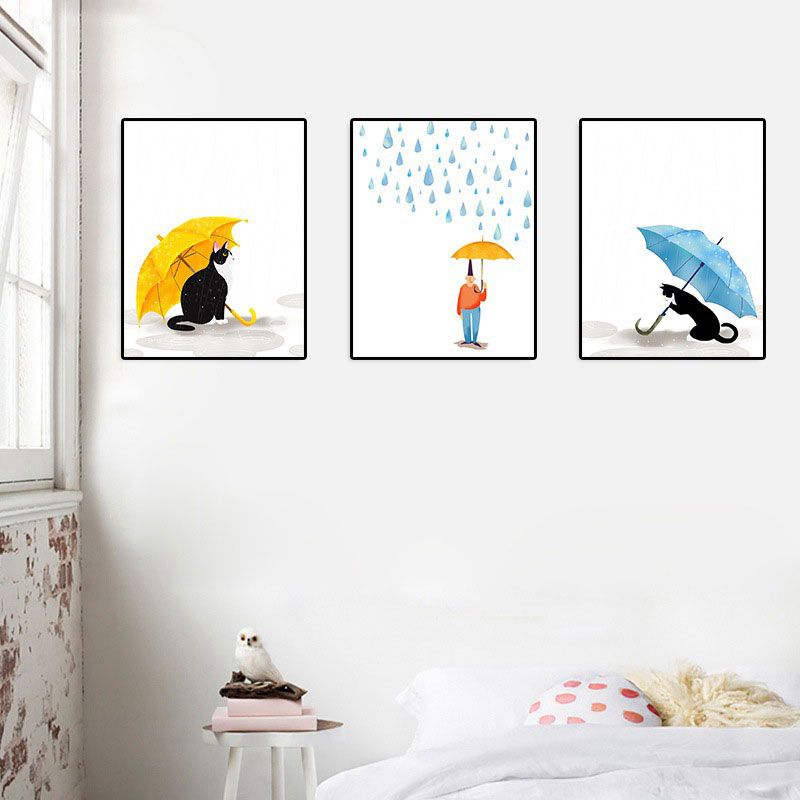 Cartoon Raining and Umbrella Canvas Light Color Home Wall Art Decor for Playroom
