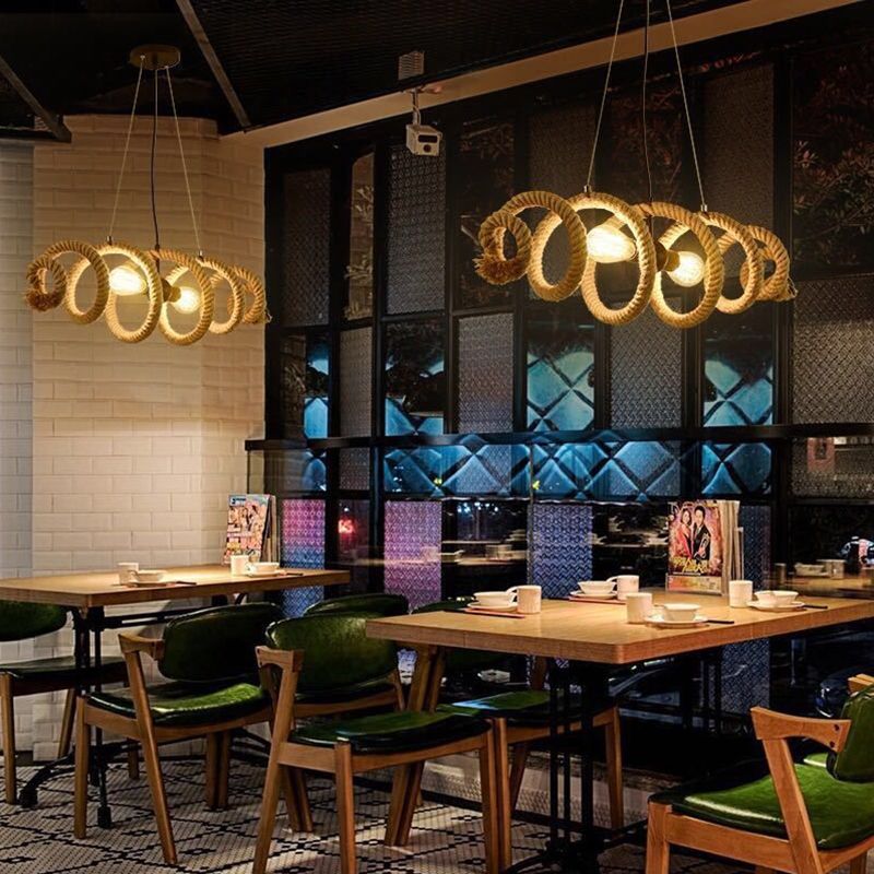 2 Heads Spiral Ceiling Mount Light Industrial Brown Rope Semi Flush Mount Light for Dining Room
