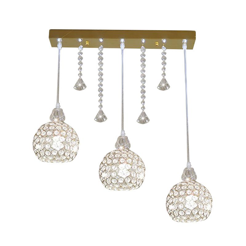 Globe Corridor Multi Pendant Light Crystal 3 Lights Contemporary Style Ceiling Suspension Lamp in Gold